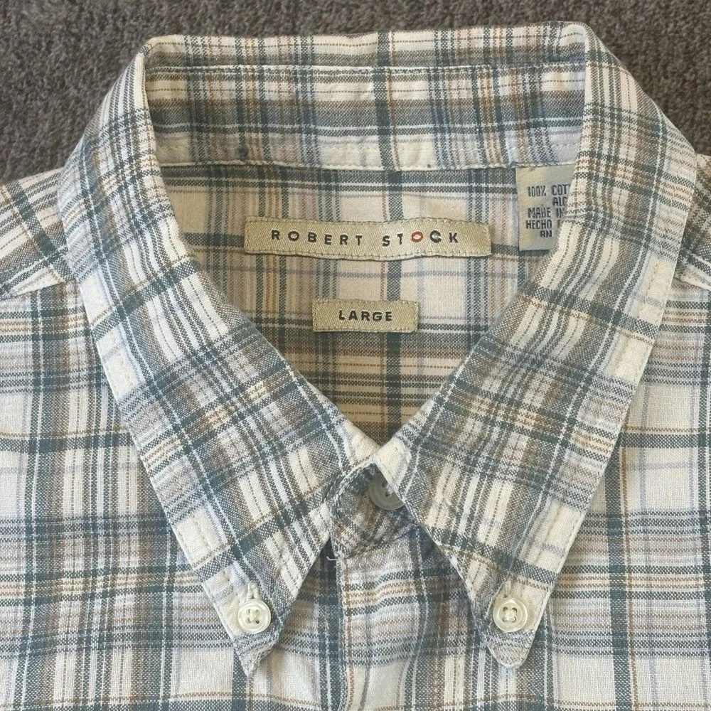Robert Stock Classic Plaid 100% Cotton‎ Mens Casual Button Shirt Woven  Sz Large